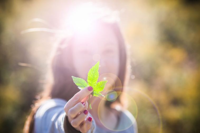 woman holding marijuana leaf